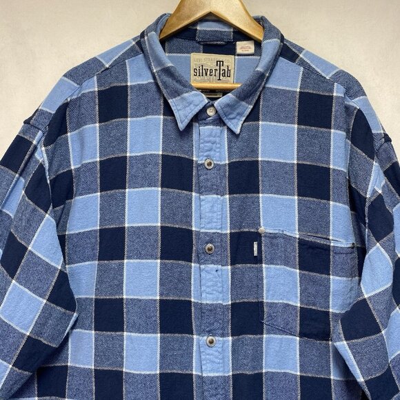 Levi's Silver Tab Oversized Plaid Flannel Metal Button-Up Shirt Men Size XL Blue - Picture 3 of 15